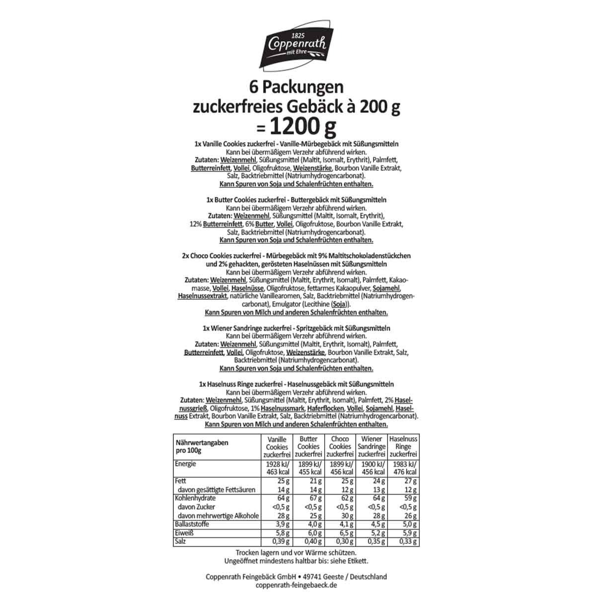 Coppenrath Tragetasche zuckerfreies Hausgebäck 6fach sortiert 1 x 6 x 200 g